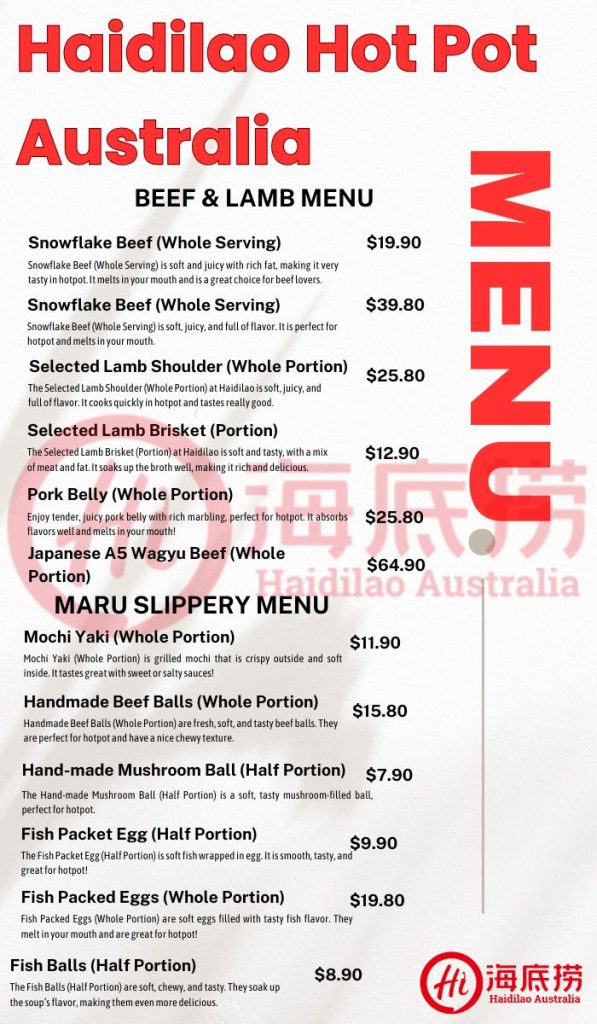 Haidilao Beef & Lamb and Maru Slippery Menu Price List