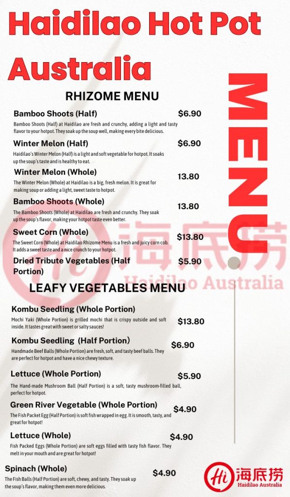 Haidilao Rhizome And Leafy Vegetables Menu Price USA