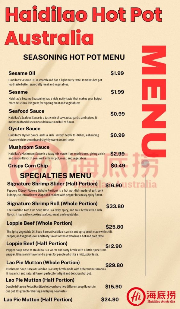 Hai Di Lao Seasoning & Specialties Menu Australia